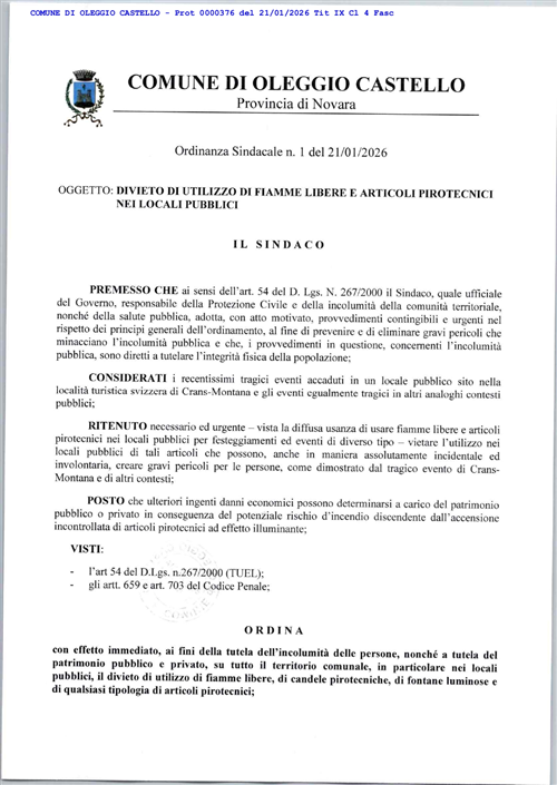 Ordinanza Sindacale n.1/2026