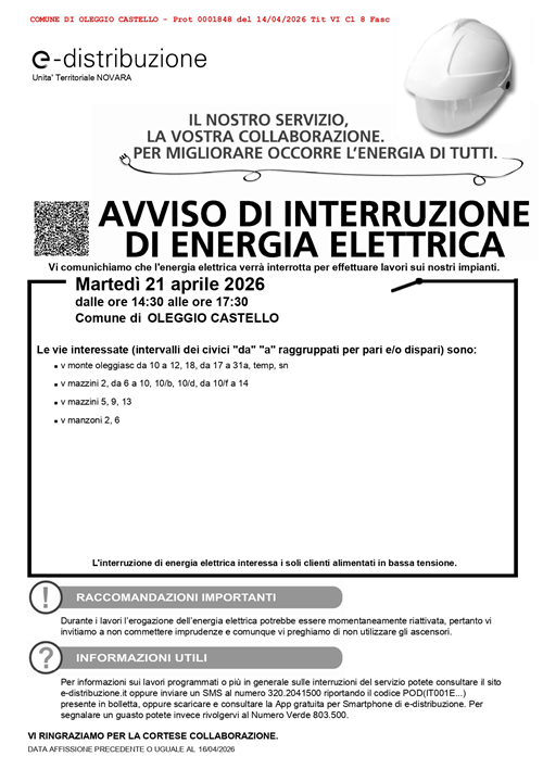 Avviso interruzione Energia Elettrica