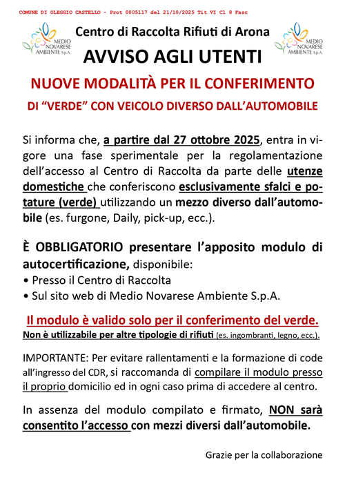 Centro di Raccolta Rifiuti di Arona: Nuove modalità per il conferimento del verde con veicolo diverso dall’automobile.