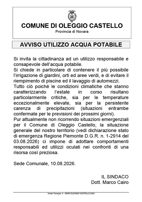 Avviso utilizzo acqua potabile