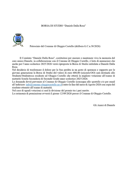 Borsa di studio in memoria di Daniele Dalla Rosa