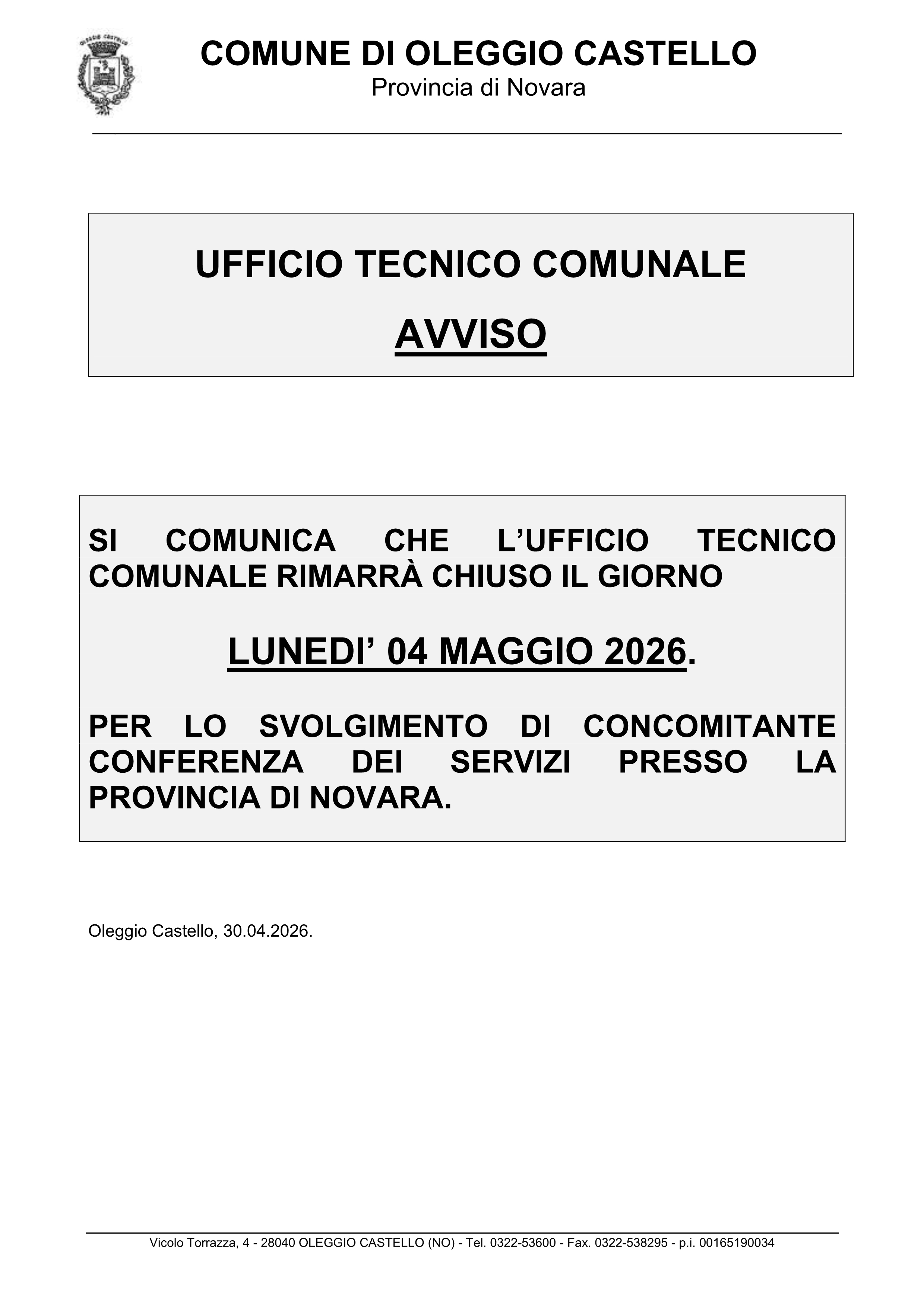 Avviso chiusura Ufficio Tecnico