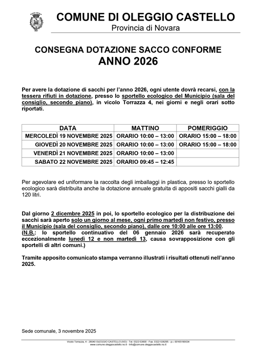 Consegna sacchi per raccolta differenziata Anno 2026