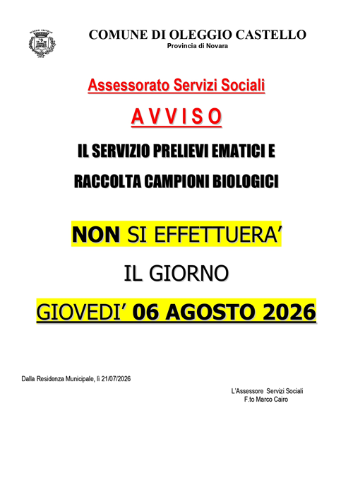 Avviso chiusura prelievi